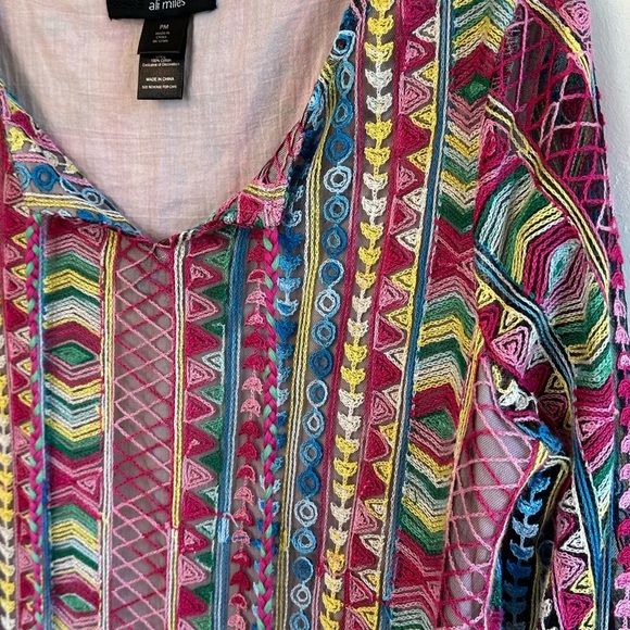 Ali Miles Colorful Woven Boho Flared Sleeves V-Neck with Tassels Blouse Sz MP - Picture 2 of 11
